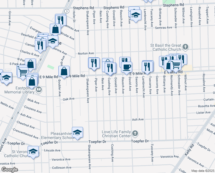 map of restaurants, bars, coffee shops, grocery stores, and more near 22469 Cushing Avenue in Eastpointe