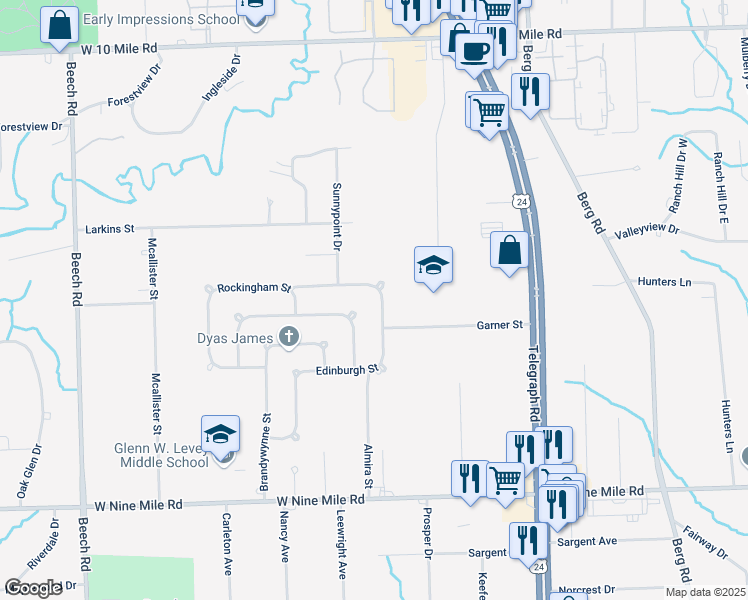 map of restaurants, bars, coffee shops, grocery stores, and more near 23825 Edinburgh Street in Southfield