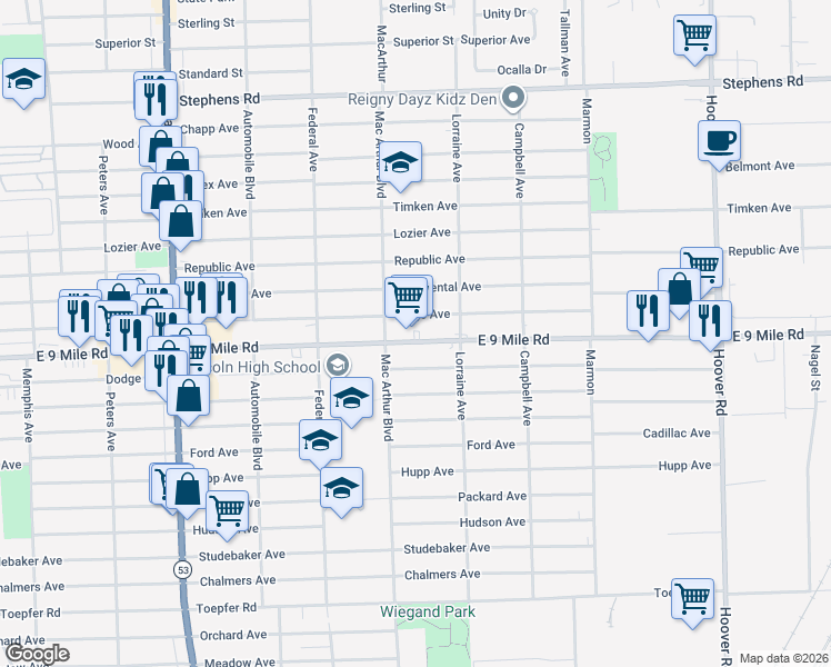 map of restaurants, bars, coffee shops, grocery stores, and more near 8653 East 9 Mile Road in Warren
