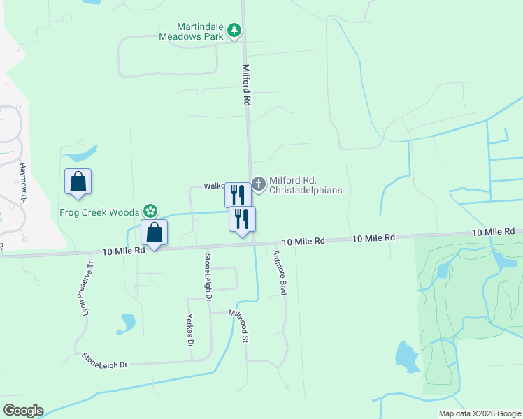 map of restaurants, bars, coffee shops, grocery stores, and more near 24400 Milford Road in South Lyon
