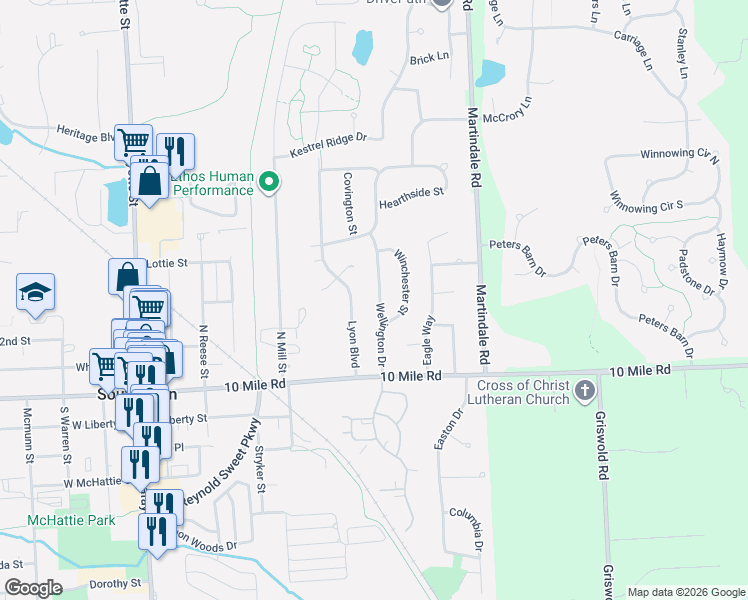 map of restaurants, bars, coffee shops, grocery stores, and more near 283 Wellington Drive in South Lyon
