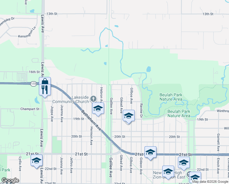 map of restaurants, bars, coffee shops, grocery stores, and more near 1713 Galilee Avenue in Zion