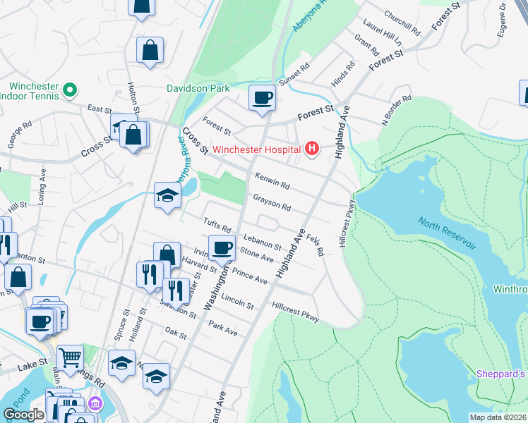map of restaurants, bars, coffee shops, grocery stores, and more near 10 Bonad Road in Winchester