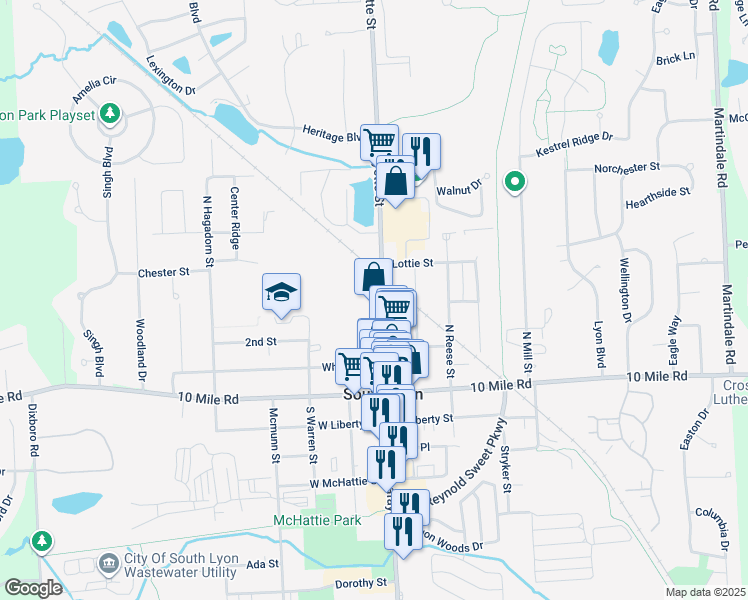 map of restaurants, bars, coffee shops, grocery stores, and more near 405 North Lafayette Street in South Lyon