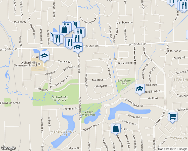 map of restaurants, bars, coffee shops, grocery stores, and more near 41111 South Mcmahon Circle in Novi