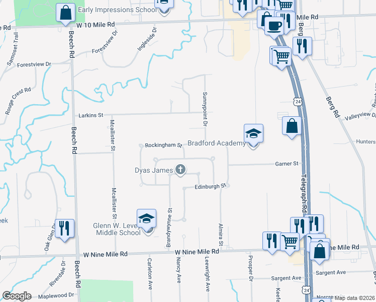 map of restaurants, bars, coffee shops, grocery stores, and more near 24085 Rockingham Street in Southfield