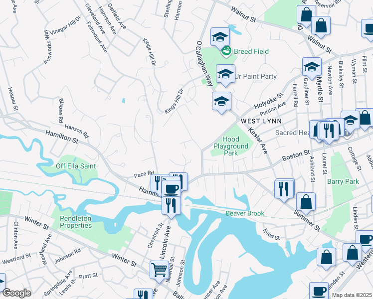 map of restaurants, bars, coffee shops, grocery stores, and more near 18 Homesite Street in Lynn