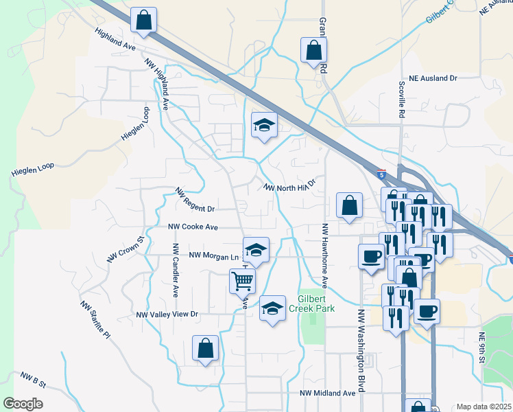 map of restaurants, bars, coffee shops, grocery stores, and more near 2075 Northwest Highland Avenue in Grants Pass