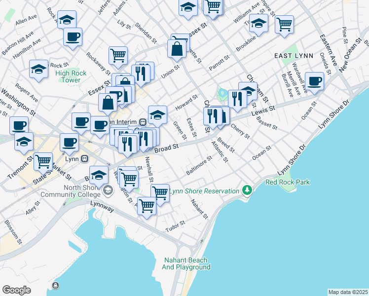 map of restaurants, bars, coffee shops, grocery stores, and more near 40 Broad Street in Lynn