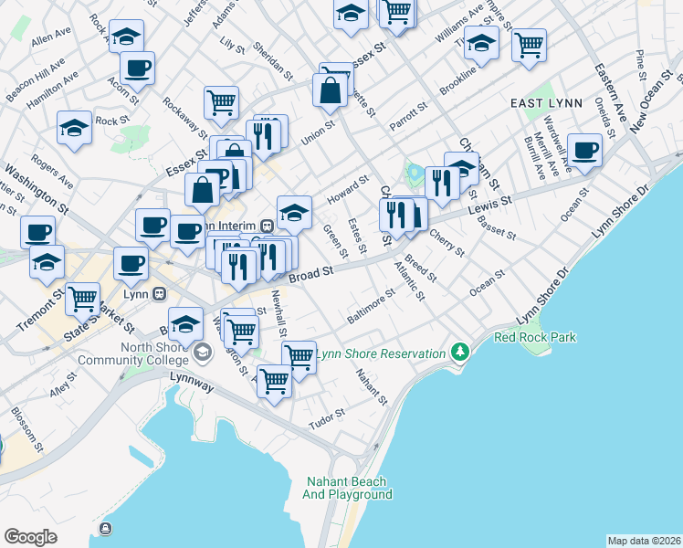map of restaurants, bars, coffee shops, grocery stores, and more near 40 Broad Street in Lynn