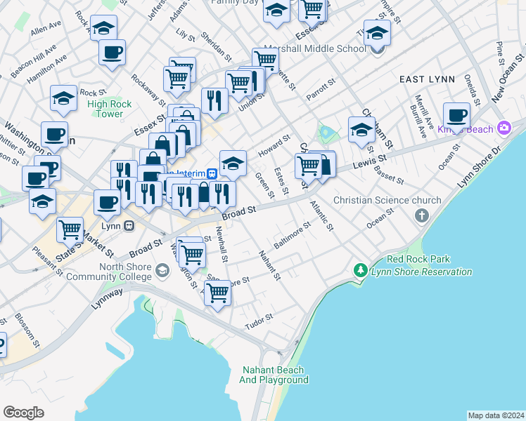 map of restaurants, bars, coffee shops, grocery stores, and more near 72 Broad Street in Lynn
