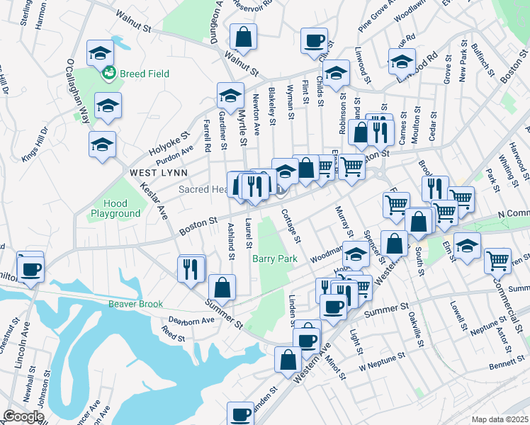 map of restaurants, bars, coffee shops, grocery stores, and more near 616R Boston Street in Lynn