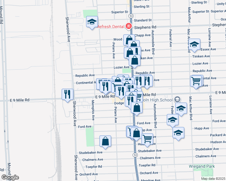 map of restaurants, bars, coffee shops, grocery stores, and more near 23061 Peters Avenue in Warren