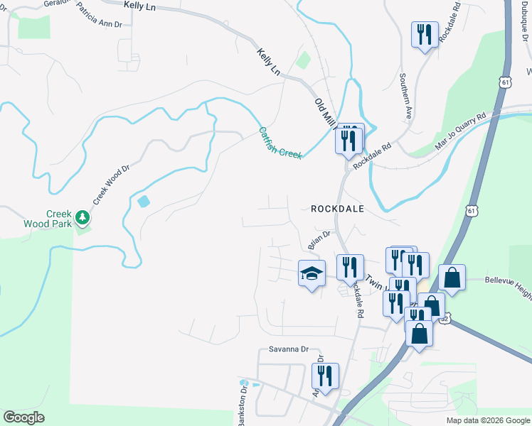 map of restaurants, bars, coffee shops, grocery stores, and more near 1658 Bianca Drive in Dubuque