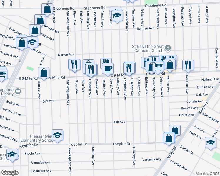 map of restaurants, bars, coffee shops, grocery stores, and more near 22469 David Avenue in Eastpointe