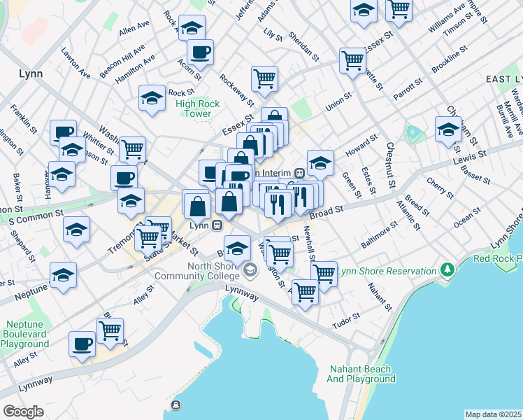 map of restaurants, bars, coffee shops, grocery stores, and more near 68 Exchange Street in Lynn