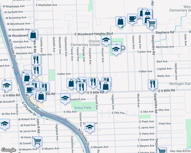 map of restaurants, bars, coffee shops, grocery stores, and more near 23133 Harding Avenue in Hazel Park