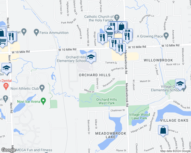 map of restaurants, bars, coffee shops, grocery stores, and more near 41911 Aspen Drive in Novi