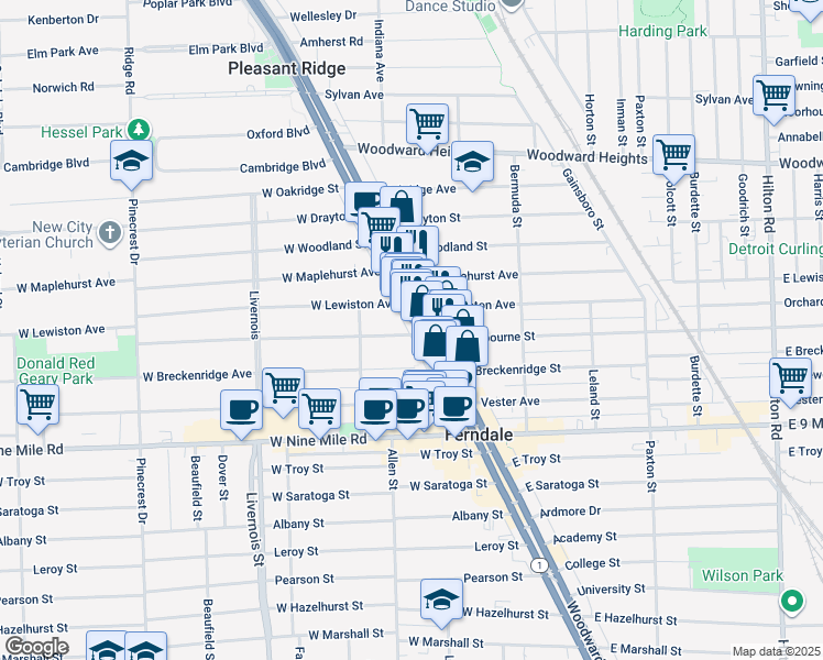 map of restaurants, bars, coffee shops, grocery stores, and more near 170 West Cambourne Street in Ferndale