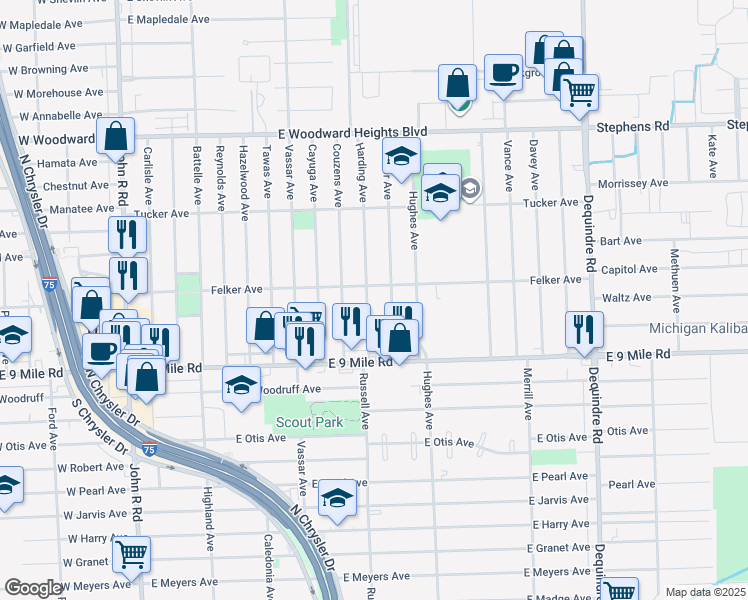 map of restaurants, bars, coffee shops, grocery stores, and more near 23133 Harding Avenue in Hazel Park