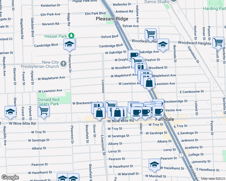 map of restaurants, bars, coffee shops, grocery stores, and more near 444 West Cambourne Street in Ferndale