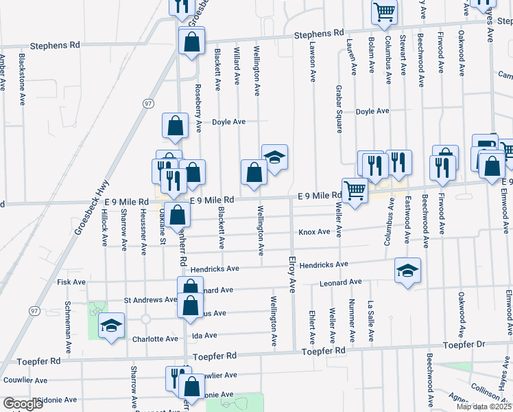 map of restaurants, bars, coffee shops, grocery stores, and more near 13996 E 9 Mile Rd in Warren