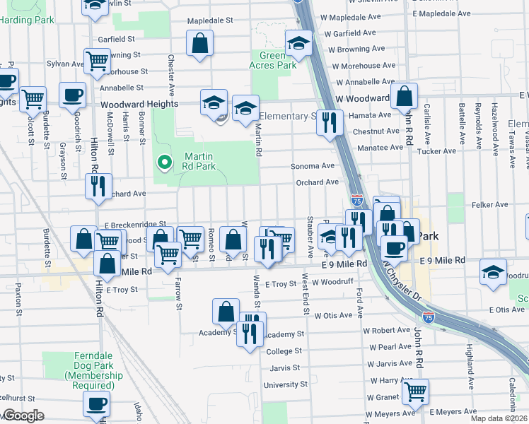 map of restaurants, bars, coffee shops, grocery stores, and more near 2017 Martin Road in Ferndale