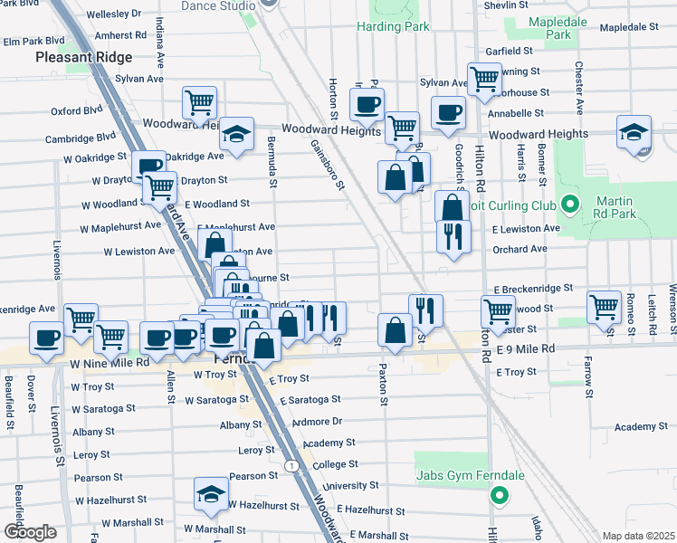 map of restaurants, bars, coffee shops, grocery stores, and more near 443 East Cambourne Street in Ferndale