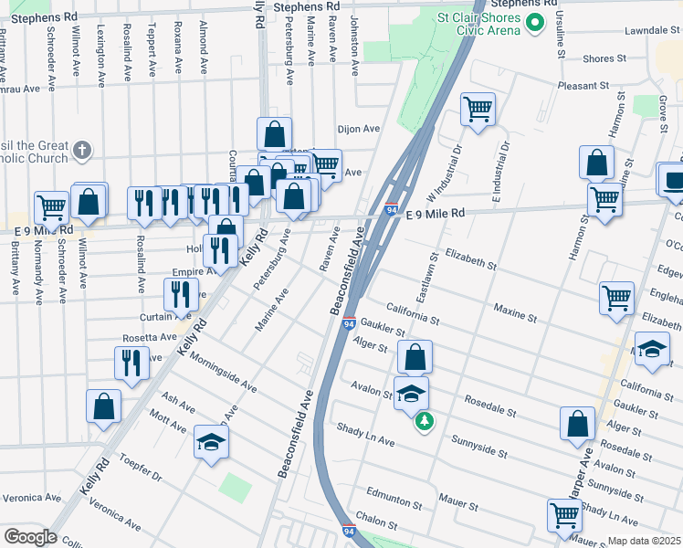 map of restaurants, bars, coffee shops, grocery stores, and more near 22341 Beaconsfield Avenue in Eastpointe
