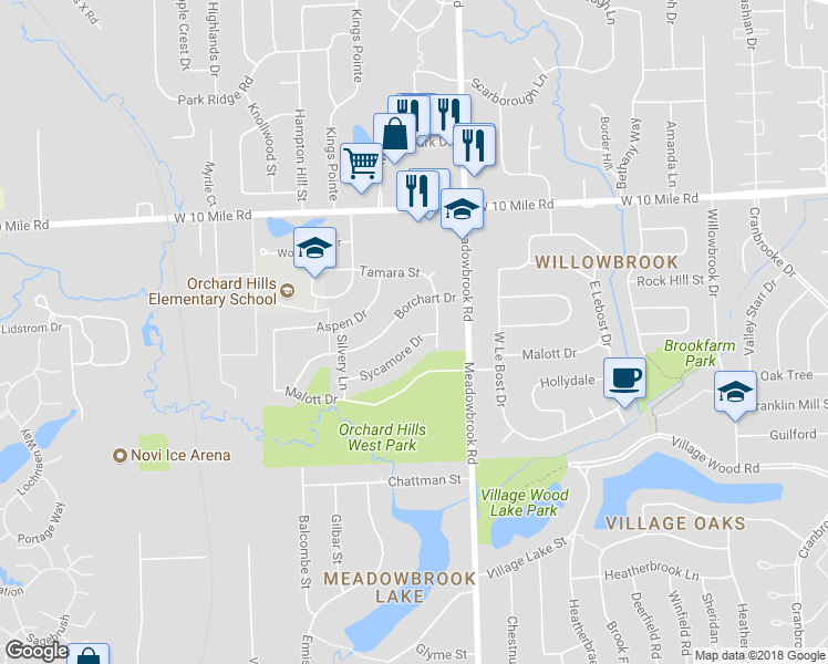 map of restaurants, bars, coffee shops, grocery stores, and more near 41642 Sycamore Drive in Novi