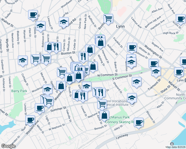 map of restaurants, bars, coffee shops, grocery stores, and more near 167 North Common Street in Lynn