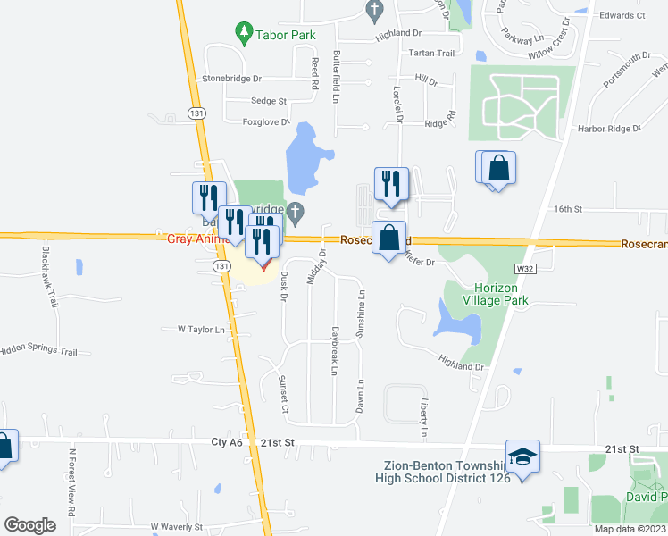 map of restaurants, bars, coffee shops, grocery stores, and more near 1707 Sunshine Lane in Zion