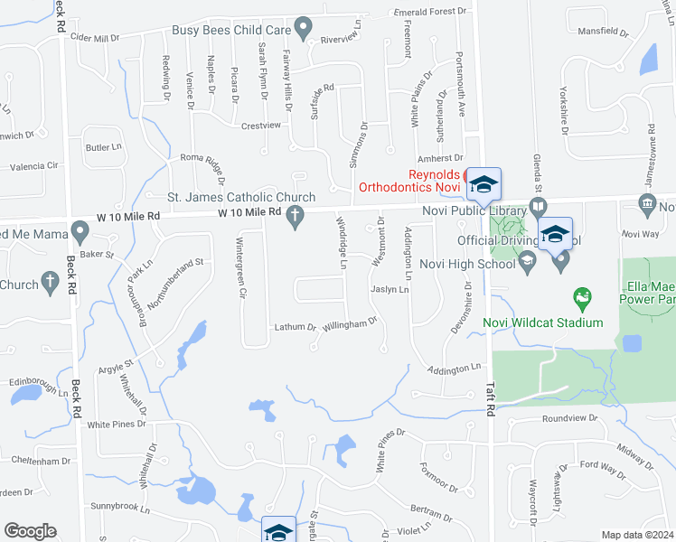 map of restaurants, bars, coffee shops, grocery stores, and more near 45800 Ashford Circle in Novi