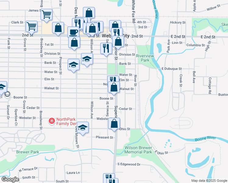 map of restaurants, bars, coffee shops, grocery stores, and more near 1403 Superior Street in Webster City