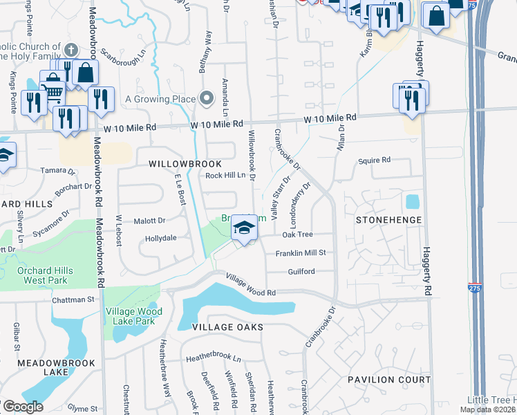 map of restaurants, bars, coffee shops, grocery stores, and more near 23648 Willowbrook Drive in Novi