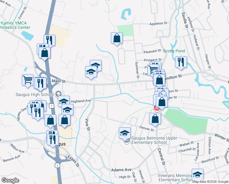 map of restaurants, bars, coffee shops, grocery stores, and more near 3 McNaught Lane in Saugus