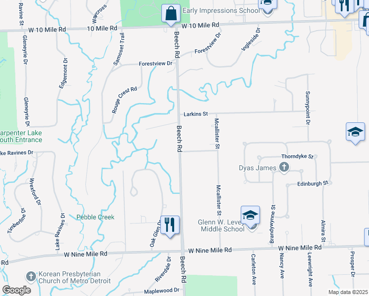 map of restaurants, bars, coffee shops, grocery stores, and more near 25684 Hickory Hill Street in Southfield