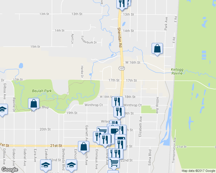 map of restaurants, bars, coffee shops, grocery stores, and more near 10066 West Logan Court in Zion