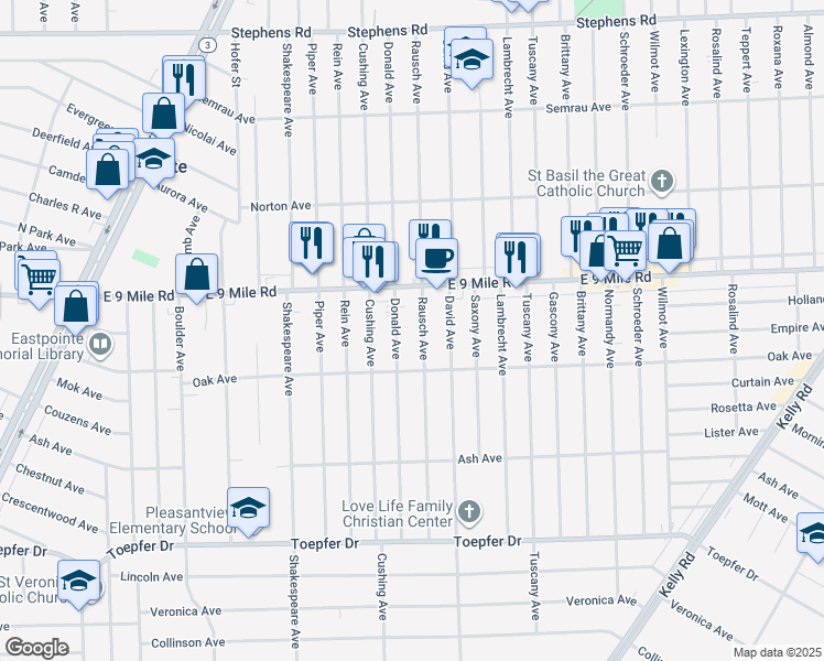 map of restaurants, bars, coffee shops, grocery stores, and more near 17100 East 9 Mile Road in Eastpointe