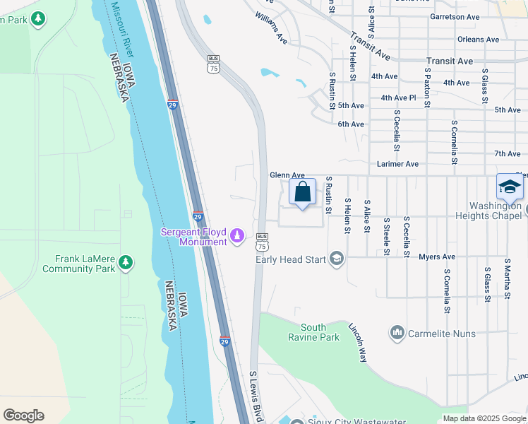 map of restaurants, bars, coffee shops, grocery stores, and more near U.S. 75 Business in Sioux City