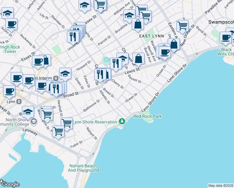 map of restaurants, bars, coffee shops, grocery stores, and more near 11 Mace Place in Lynn