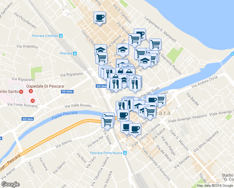 map of restaurants, bars, coffee shops, grocery stores, and more near 41 Via Caduta del Forte in Pescara