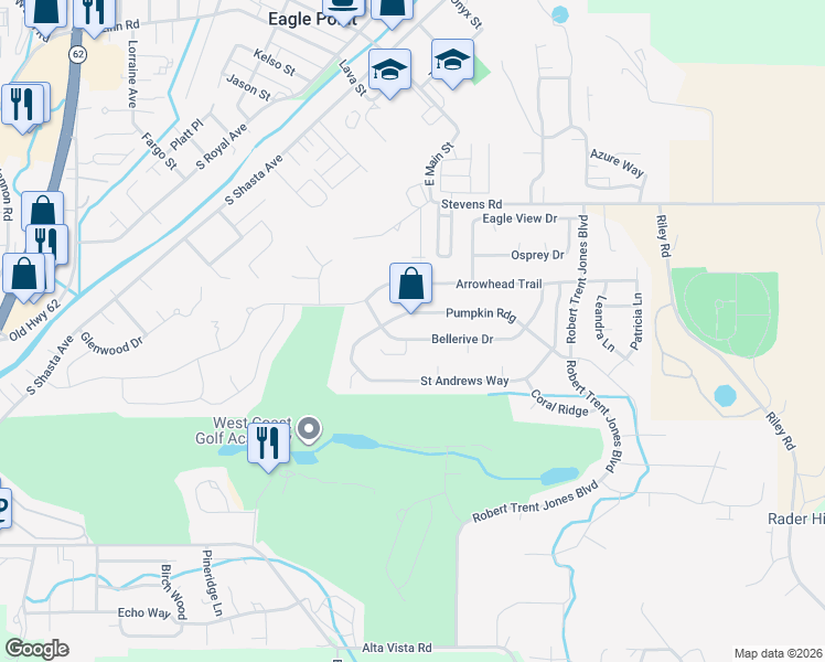 map of restaurants, bars, coffee shops, grocery stores, and more near 137 Bellerive Dr in Eagle Point
