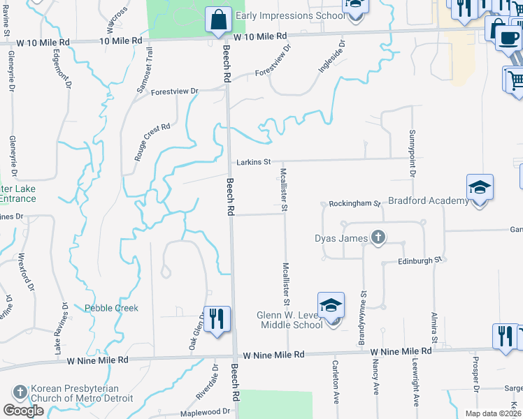 map of restaurants, bars, coffee shops, grocery stores, and more near 25578 Hickory Hill Street in Southfield