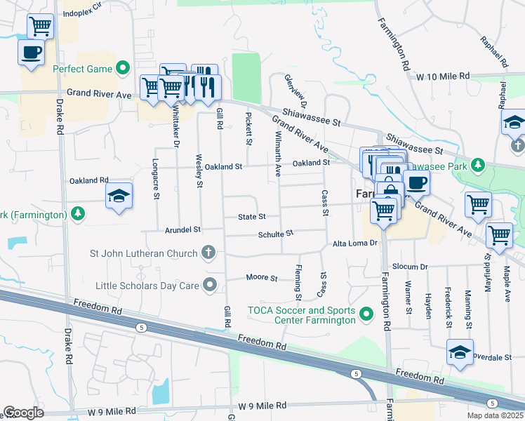 map of restaurants, bars, coffee shops, grocery stores, and more near 34106 Cortland Street in Farmington