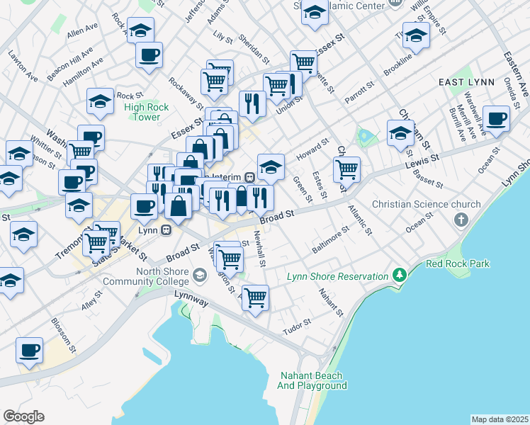 map of restaurants, bars, coffee shops, grocery stores, and more near 105 Broad Street in Lynn