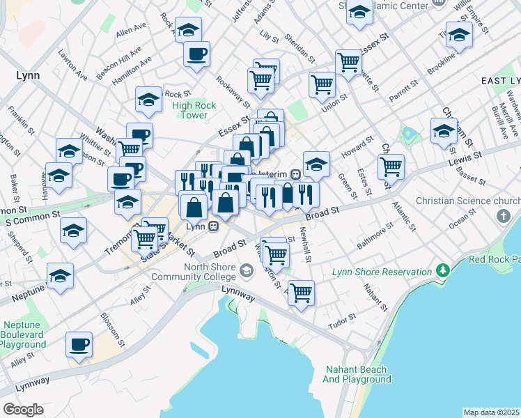 map of restaurants, bars, coffee shops, grocery stores, and more near 68 Exchange Street in Lynn