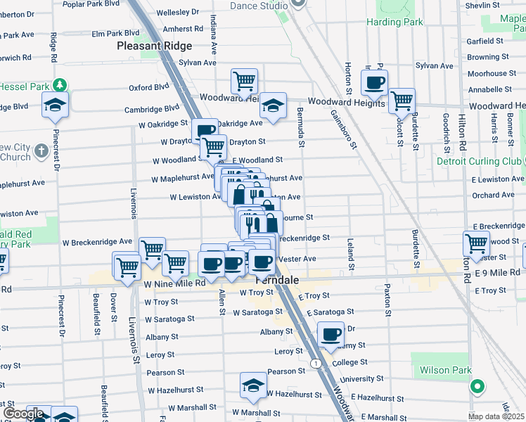 map of restaurants, bars, coffee shops, grocery stores, and more near 23100 Woodward Avenue in Ferndale