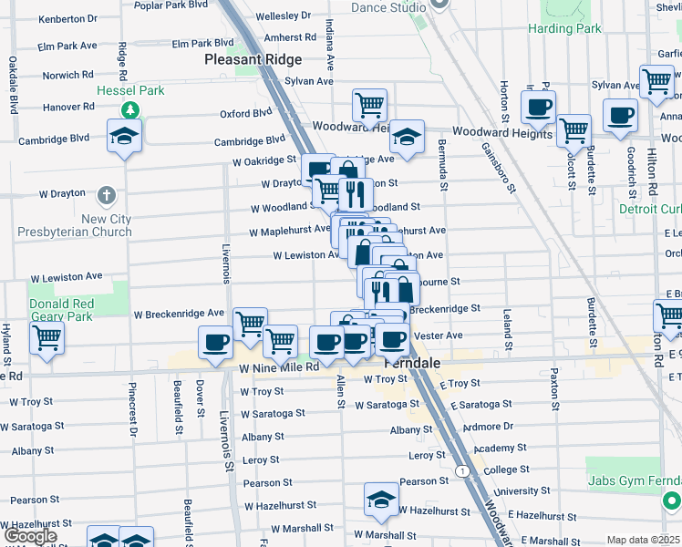 map of restaurants, bars, coffee shops, grocery stores, and more near 170 West Cambourne Street in Ferndale