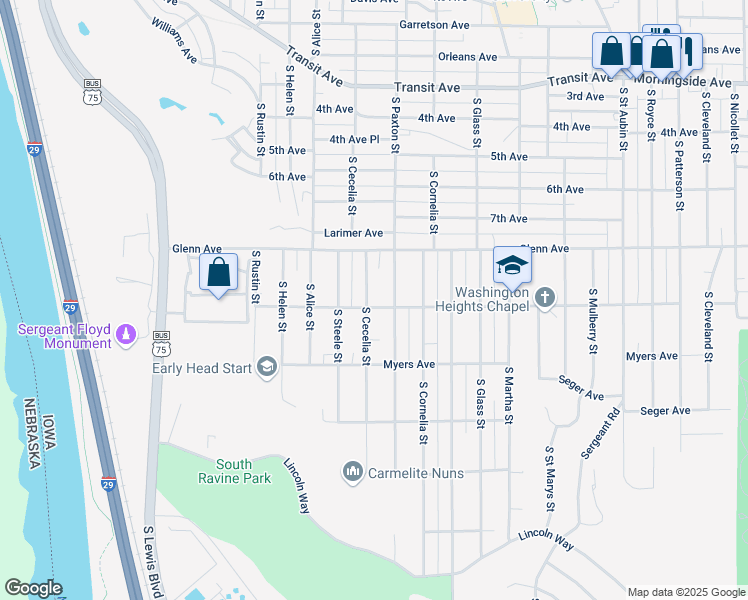 map of restaurants, bars, coffee shops, grocery stores, and more near 3201-3299 Bushnell Ave in Sioux City